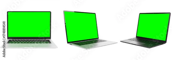 Fototapeta Set of modern laptops with green screen mockup isolated on transparent PNG background, realistic notebook computer display for app presentation, design template, and digital workspace concept