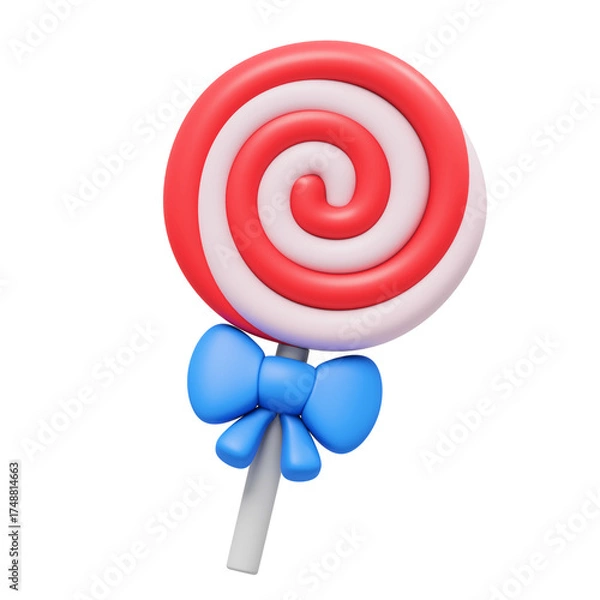 Fototapeta Red And White Swirl Lollipop With Blue Bow On A Stick Candy Treat Sweet Food Isolated On Transparent Background Studio Lighting