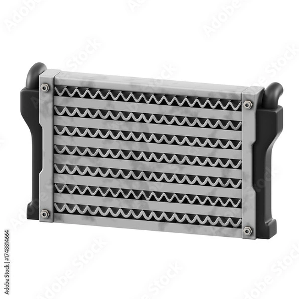 Fototapeta Rectangular Metal Heat Exchanger With Silver Fins And Black Sides Mounted On A Transparent Background