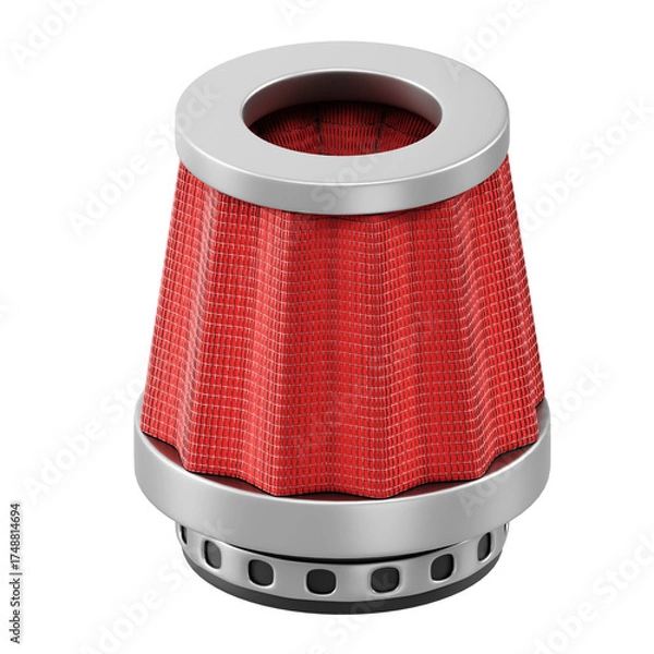 Fototapeta Red conical air filter with chrome accents and metallic mesh detail on a transparent background