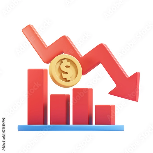 Fototapeta Red declining bar chart with downward arrow and golden dollar coin symbolizing financial loss and economic recession against a transparent background