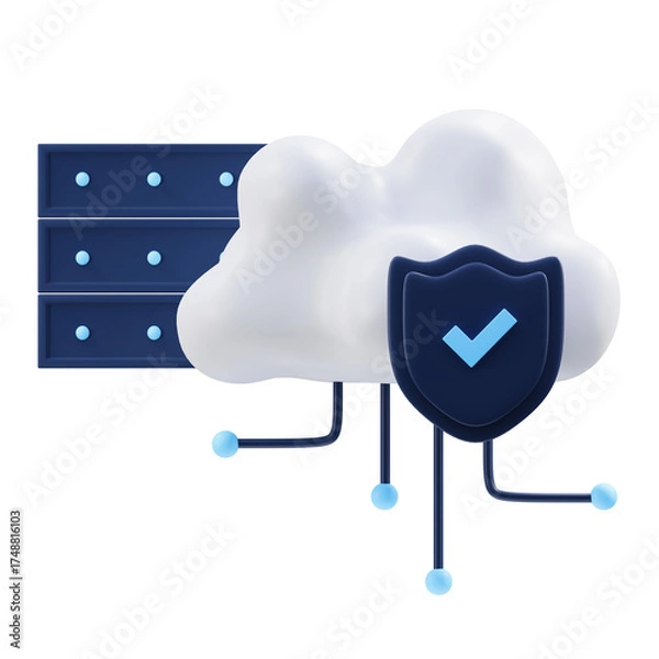 Fototapeta 3D Cloud Computing Security Icon with Server Rack and Shield Symbol on Transparent Background