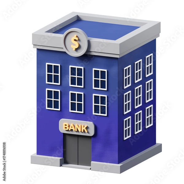 Fototapeta Stylized Blue Bank Building With A Golden Dollar Sign And The Word Bank In Orange On A Transparent Background