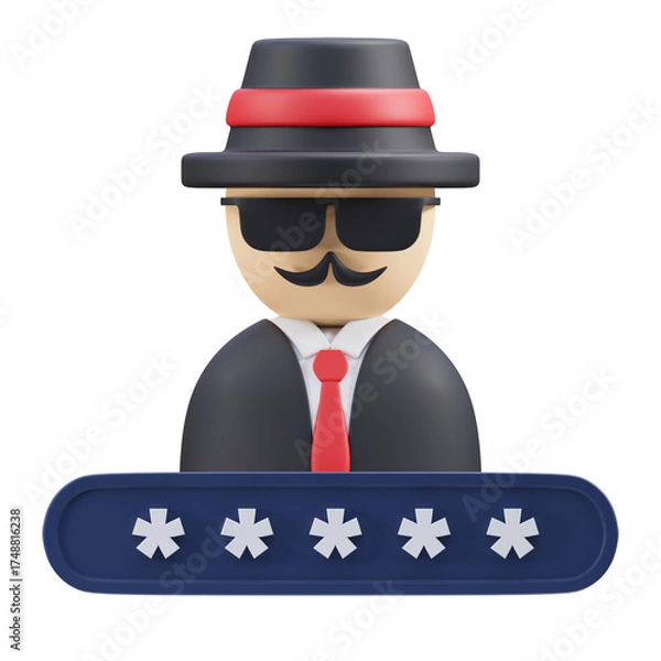 Fototapeta 3D illustration of a masked hacker or spy icon with a password bar.