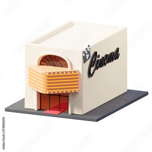 Fototapeta A cream colored cinema building with a marquee entrance and red carpet and a cinema sign on the side of the building, isolated on a transparent background