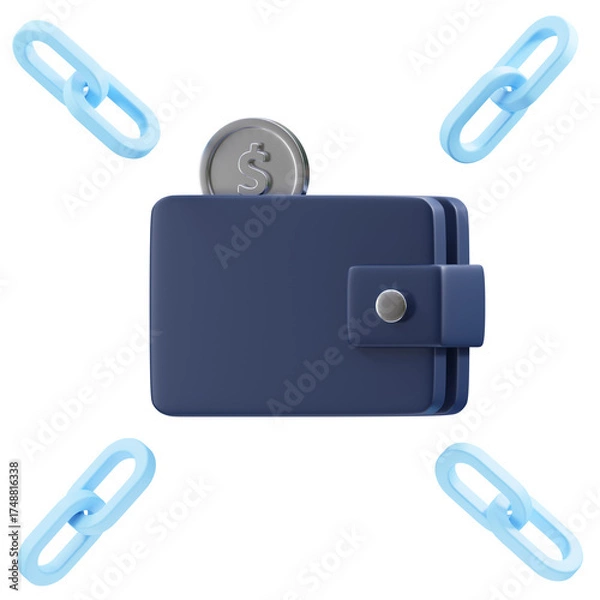 Fototapeta Blue Wallet with Silver Coin and Four Chain Links on a Transparent Background Representing Financial Security and Digital Connectivity