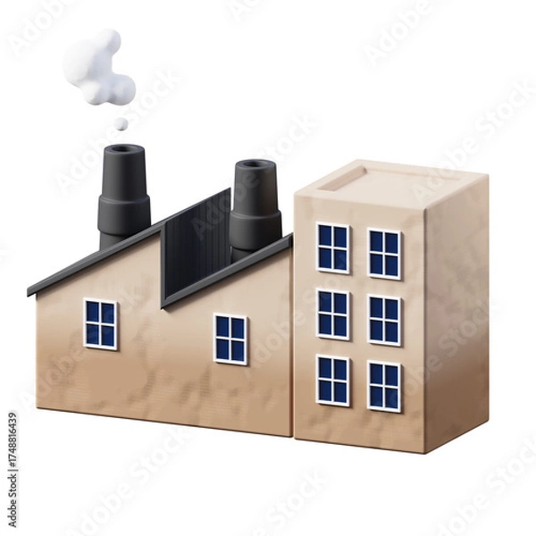 Fototapeta Industrial Building With Two Chimneys Emitting Smoke And Numerous Windows Under Natural Lighting With A Simple Design And Neutral Colors