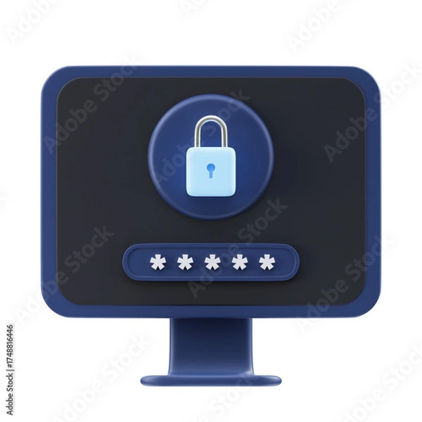 Fototapeta Digital Security Concept Computer Screen Displaying Locked Padlock Icon and Password Input Field on Dark Background with Blue Tones and Soft Lighting
