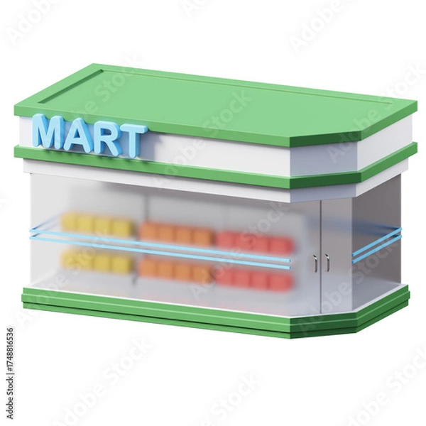 Fototapeta Modern Convenience Store Building With Green Trim And A Lighted Sign Displaying The Word Mart In Blue Over A Glass Front Showing Shelves Stocked With Colorful Products On A Transparent Background