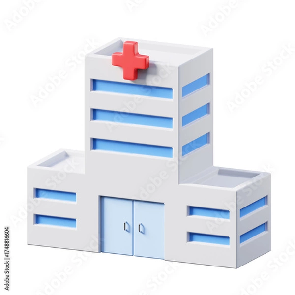 Fototapeta Modern hospital building with blue windows and a red cross symbol on a transparent background representing healthcare and medical services.