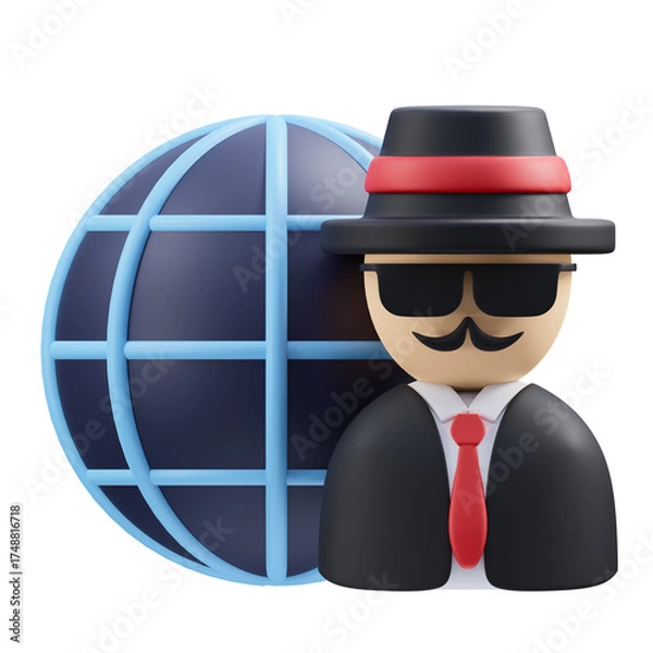 Fototapeta Stylized 3D Illustration of a Mysterious Figure in a Hat and Sunglasses Standing Next to a Globe Symbol on a Transparent Background