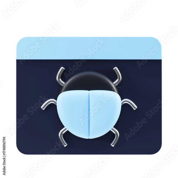 Fototapeta Stylized 3D Rendered Bug Icon On A Transparent Background With A Subtle Blue Overlay And Dark Blue Background Elements