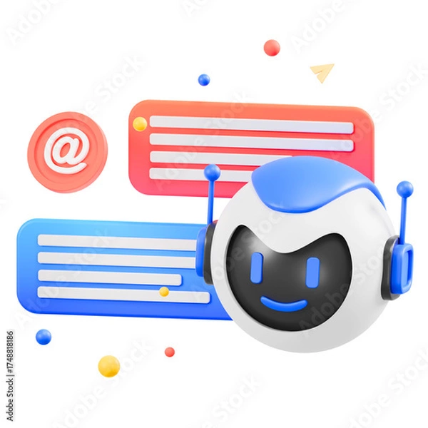 Fototapeta Friendly Robot Head with Chat Bubbles and Email Icon in 3D Illustration with Transparent Background
