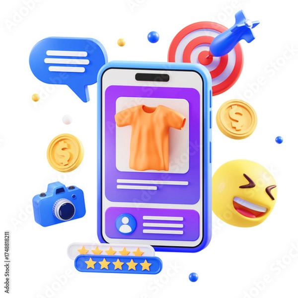 Fototapeta Orange T Shirt Displayed On Mobile Phone Screen Surrounded By E Commerce Icons Including Target Coins Camera And Rating Stars In A Transparent Background