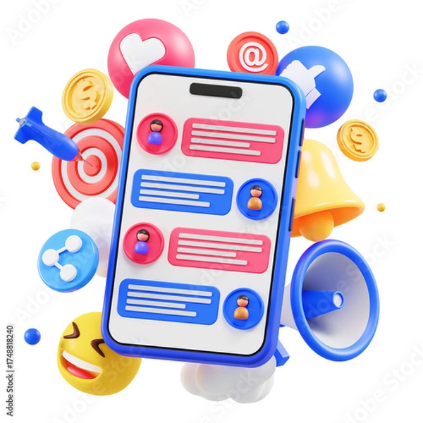 Fototapeta Smartphone Displaying Social Media Messages Surrounded by Icons Including Thumbs Up Like Button Heart Bell and Target Symbol in 3D Illustration