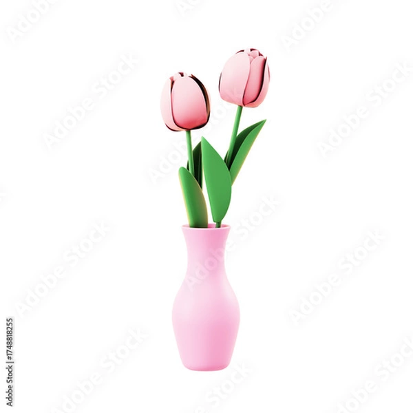 Fototapeta Two delicate pink tulips in a light pink vase with green leaves on a transparent background rendered in 3d
