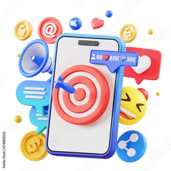 Fototapeta Social Media Marketing Target Achievement With Smartphone And Icons Like Like Megaphone Share And Coins On Transparent Background