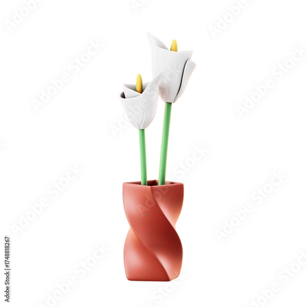 Fototapeta Two White Tulips With Green Stems In A Twisted Red Vase With A Transparent Background Studio Lighting Detailed 3D Render