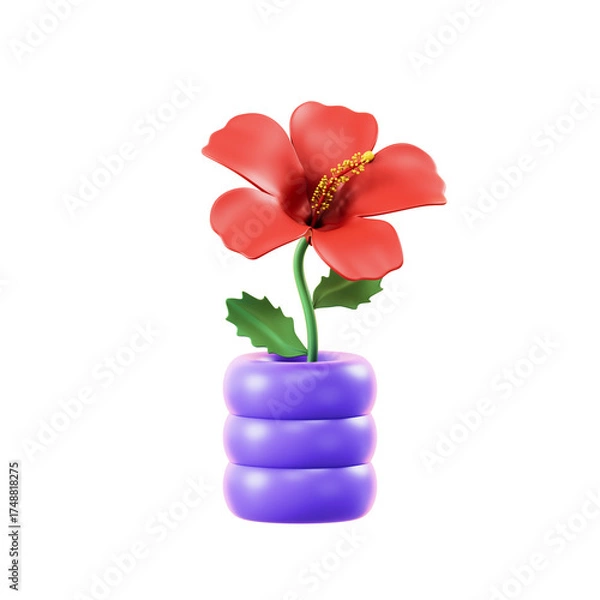 Fototapeta Vibrant Red Hibiscus Flower in a Stacked Purple Planter with Green Leaves and Yellow Pollen Against a Transparent Background