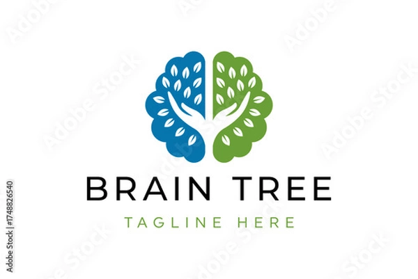 Fototapeta Brain Tree Logo Design with hand Icon Symbol Illustration
