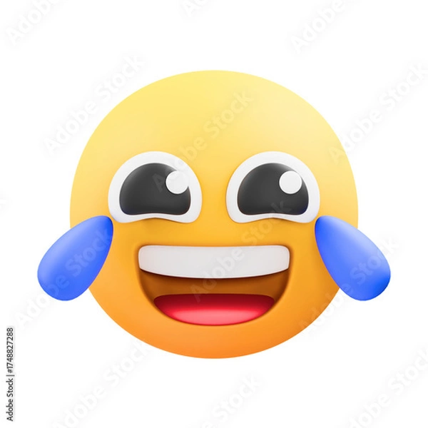 Fototapeta A 3D rendering of a yellow smiley face emoji with eyes shut laughing with tears streaming down its face against a black background