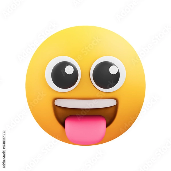 Fototapeta A silly yellow cartoon face emoji with wide eyes and its tongue sticking out in a playful expression on a transparent background
