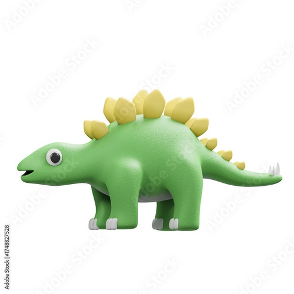 Fototapeta Green Dinosaur Stegosaurus With Yellow Spikes On Its Back And Tail Standing In A Neutral Pose With A White Background