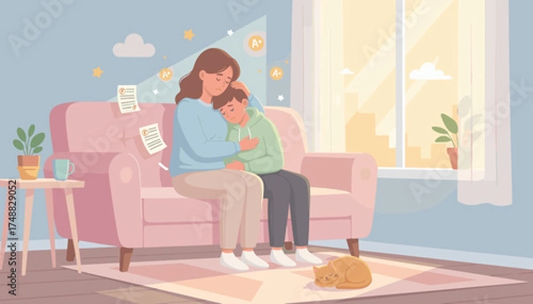 Fototapeta Mother comforts sad son after poor school grades offering support and encouragement at home
