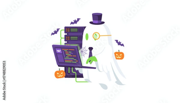 Fototapeta Spooky ghost programmer coding on a laptop with server racks bats and pumpkins for Halloween tech