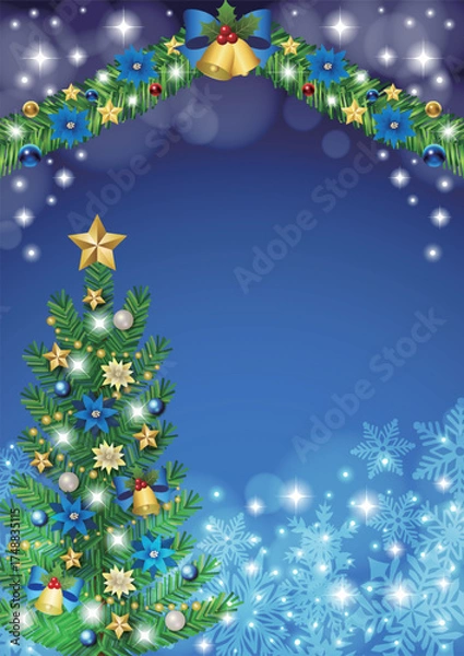 Fototapeta クリスマス背景、ツリーとモール、青、かわいい、イラスト、縦