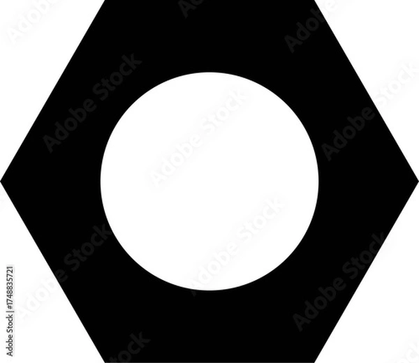 Fototapeta Silhouette vector of mechanical Nut on white background. Black and white illustration of a hexagonal nut with concentric circles. 