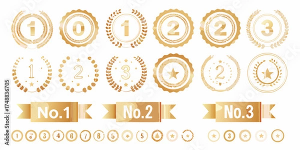 Obraz Collection of golden award badges and ribbons featuring numbers one two and three for recognition and achievement