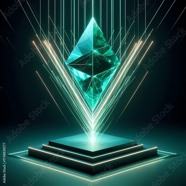 Fototapeta Emerald Shard Floating Above Triangular Pedestal
