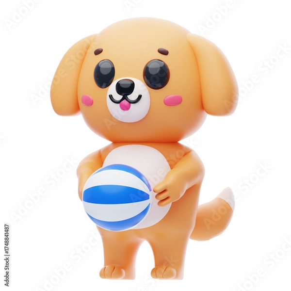 Fototapeta Dog Character Playing Ball 3D Illustration.