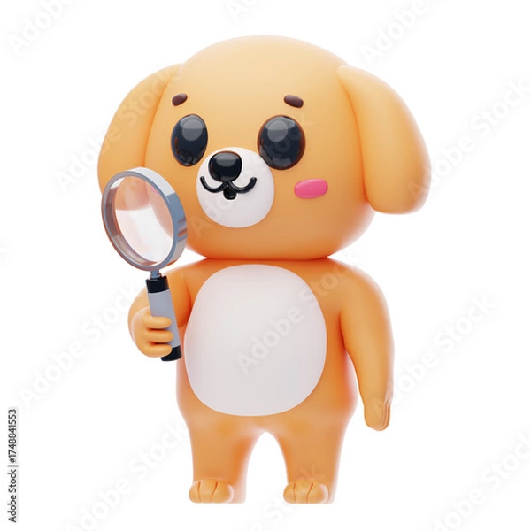 Fototapeta Dog Character Using A Magnifying Glass 3D Illustration.
