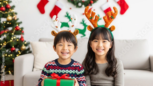 Obraz クリスマスプレゼントを持つちびっ子たち