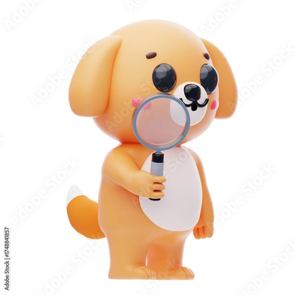 Fototapeta Dog Character Using A Magnifying Glass 3D Illustration.