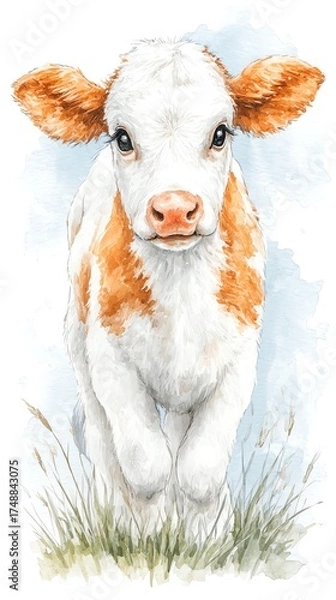 Fototapeta A charming watercolor illustration of a playful calf in grass.