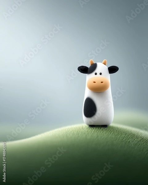 Obraz A playful cartoon cow figurine stands on smooth green hills.