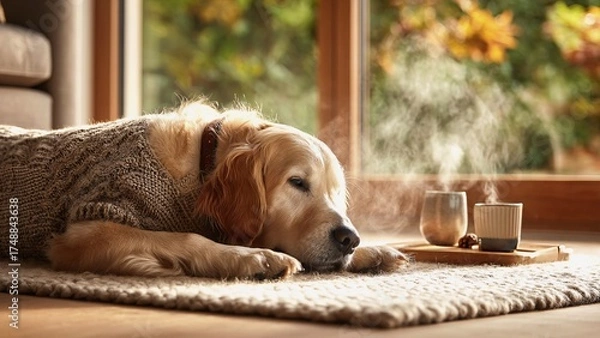 Fototapeta Golden retriever dog wearing a warm sweater and resting on a cozy rug beside steaming cups of hot beverage on a wooden tray, enjoying a tranquil autumn day indoors