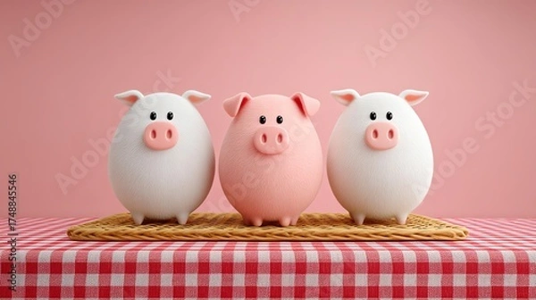 Fototapeta Cute cartoon pig figurines on a checkered tablecloth setting.