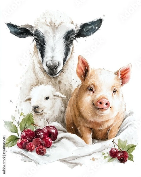 Fototapeta A charming illustration of farm animals with cherries.
