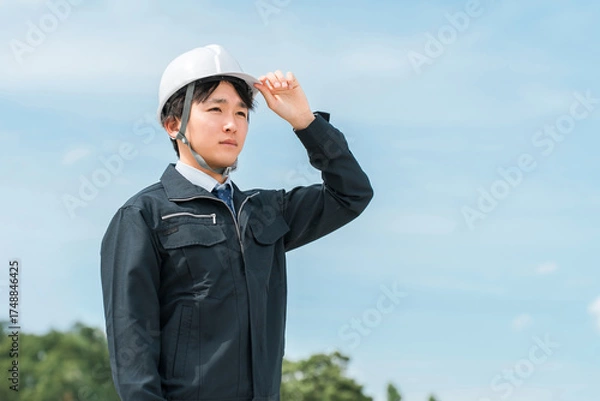 Fototapeta 公園・森林にいる作業着姿の若いアジア人男性（林業・電気工事士・保守・点検）
