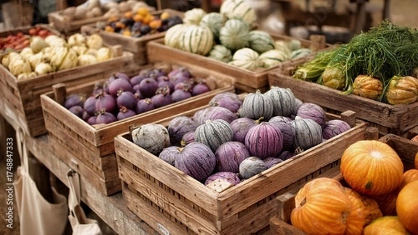 Fototapeta Farmers market stand filled with a vibrant assortment of fresh organic gourds, squashes, and other autumn produce harvested for sale in rustic wooden crates