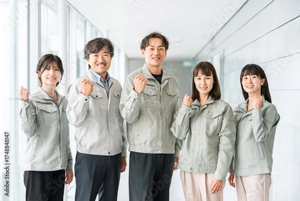 Fototapeta 作業着・作業衣服を着た製造業・建築業・運送業・建設業の男女スタッフ
