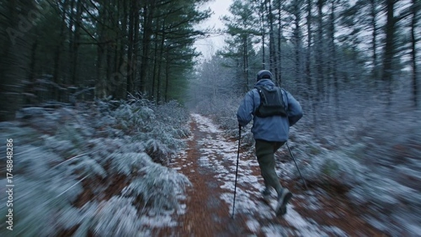 Fototapeta Man running along a snow-dusted forest trail, using trekking poles for support and balance during a challenging cold weather workout, featuring motion blur indicating movement and speed