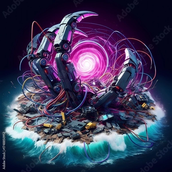 Fototapeta Robotic Claw Island with Energy Vortex