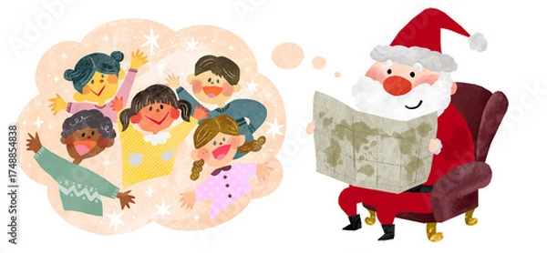 Fototapeta 世界中の子供たちが喜ぶ姿を想像しながら地図を見ているサンタクロースのイラスト