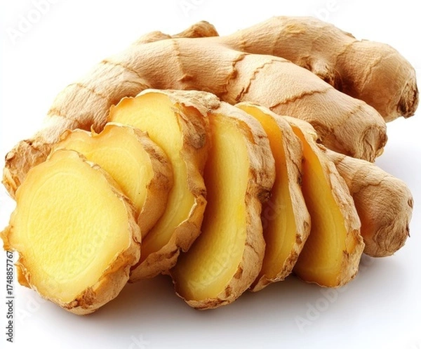 Fototapeta Sliced ginger root, fresh spice against a white background