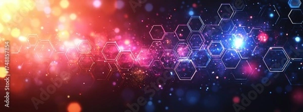 Fototapeta Hexagonal network with glowing particles and colorful bokeh